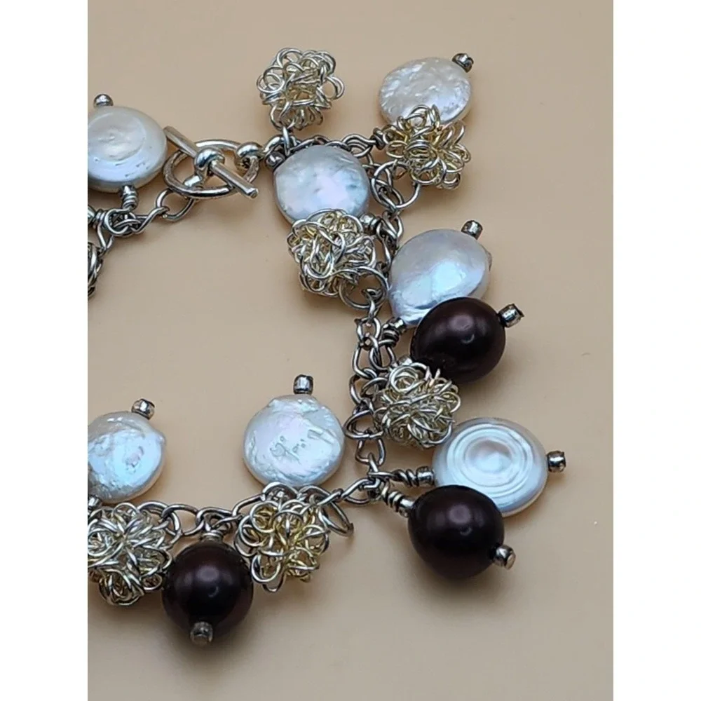 Vtg GENUINE Coin Pearl & Brown Glass Bead Bracelet Silver Wire Balls FREE $HIP!!